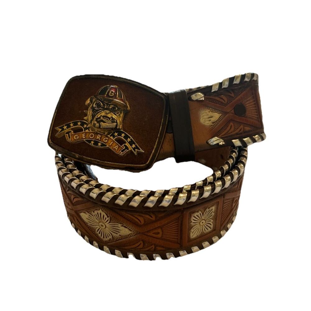 Brown Tooled Leather Men’s Belt with Georgia Bulldog Buckle